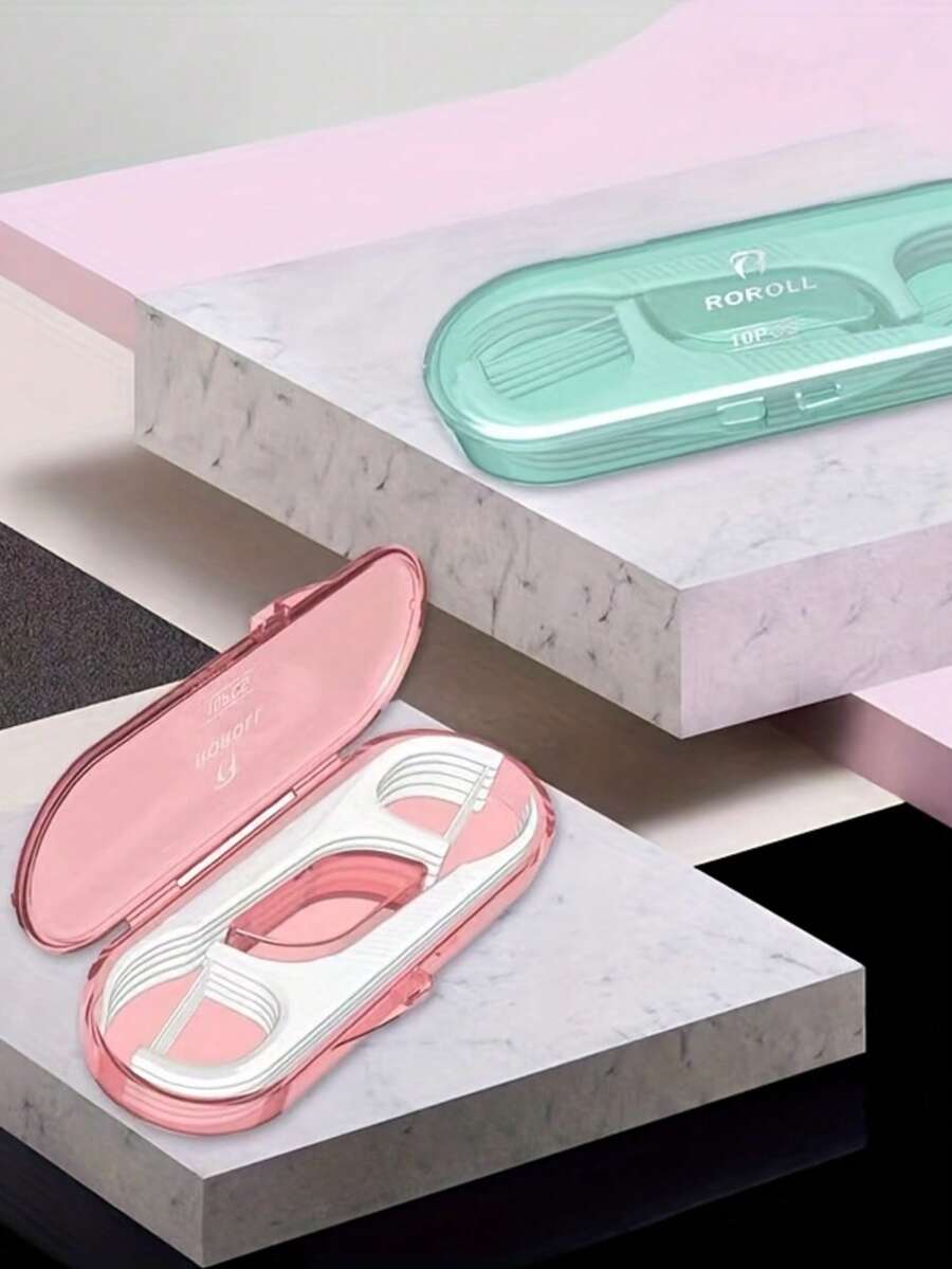 1个便携式牙线盒 - 一次性牙线棒旅行收纳盒，内含10根塑料牙线棒 - 彩色 - 查看 1