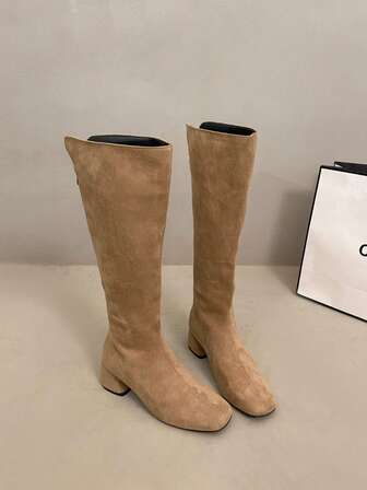 Jesienno-zimowe damskie buty zamszowe z okrągłym noskiem, uniwersalne, na grubym obcasie i do kolan