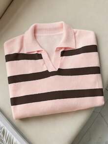 FOR BEAUTY Spring/Autumn New POLO Collar Retro Stripe Color Blocked Long Sleeved Knitted Sweater Women's Loose Half Front Old Money Style Sweater Tops New Year - Cà phê hồng hoa đào - Xem 4