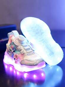 USB Rechargeable Luminous Shoes, 7-Color Changing Flashing Sole Shoes With Rotating Buckle, Cartoon Design For Toddler, Little Kid, Big Kid, Boys, Girls, Suitable For Christmas, Halloween, Casual, Sports, Birthday Gift, Black Stylish New Glow In The Dark Sneakers For Baby - White - View 12
