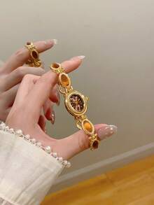 1pc Women's Gold/Green Wrist Watch, Minimalist New Small Dial Design, Elegant & Fashionable, Quartz Movement, Suitable For Daily Wear/Party - 棕色 - 查看 6