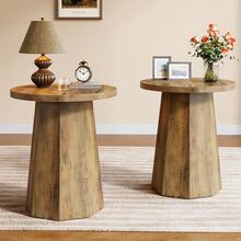 Tribesigns Farmhouse Round End Table, Wooden Couch Side Table With Octagonal Base, Rustic Brown Nightstand Pedestal Accent Furniture For Living Room, Bedroom - 棕色 - 查看 9