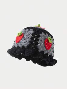 1pc Women's Fashion Hollow Strawberry Cherry Handmade Crochet Wavy Edge Knit Hat, Suitable For Autumn/Winter Daily Warmth And Travel Outfits - A - View 2