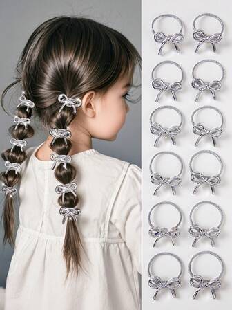 10 st/förpackning mini silverglitter rosett elastiska hårsnoddar för flickor, söt prinsessstil, mångsidig, skonsam mot håret, lämplig för daglig användning