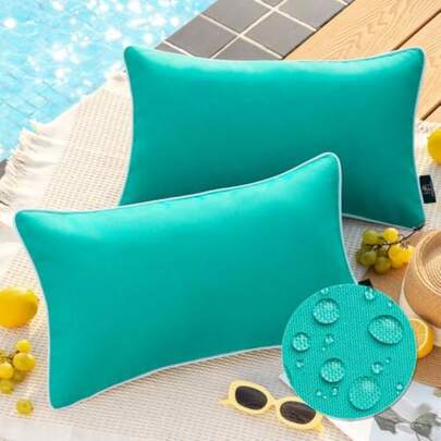 Pack Of 2 Outdoor Waterproof Solid Throw Decorative Pillow Cover Decorative Square Outdoor Pillows Cushion Case Patio Pillows For Couch Tent Sunbrella Turquoise 12x20 Inches 30x50 Cm