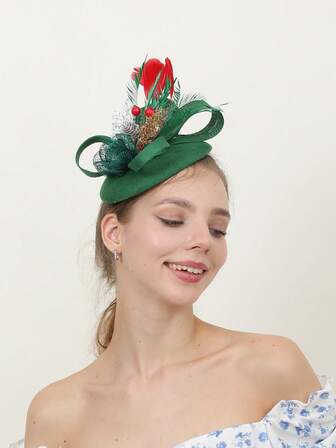 1pc Women's Vintage Feather Linen Tulle Charming Hat, Christmas Color, Suitable For Tea Party, Wedding, Meeting, Christmas Party, Stage Performance, T-Stage And Other Daily Matching, Tiny Hats, Derby Hat, Mini Fascinator, Mini Top Hat