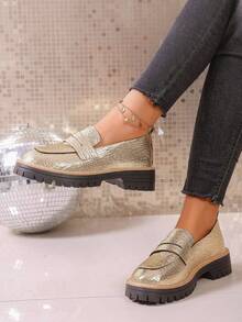 Comfortable Women Flat Loafers, Round Toe Design, Solid Color Thick Sole Slip-On Shoes, Hollow-Out Decor, Suitable For All Seasons - Gold - View 2