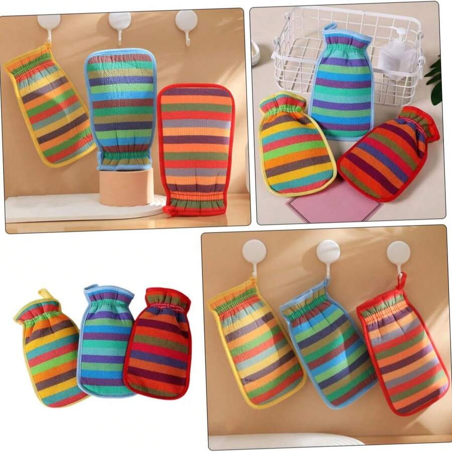 Găng tay tẩy tế bào chết toàn thân sọc nhiều màu sắc - Chất liệu bền chắc với cổ tay co giãn | Phụ kiện phòng tắm (phòng vệ sinh) để làm sạch sâu, thay thế cho bông tắm và mút tắm, quà tặng thư giãn lý tưởng cho phụ nữ và bé gái dịp Giáng sinh, quà tặng trang trí phòng tắm và thói quen chăm sóc bản thân.