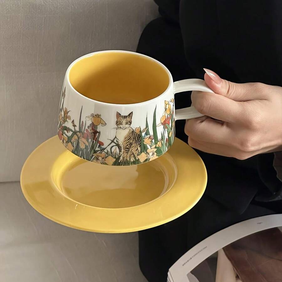 かわいい猫のセラミックコーヒーカップ、朝食オートミールミルクカップ、家庭用ドリンクカップ、ラテカップのセット - キャットストーリー コーヒーカップ&ソーサー - イエロー - チェックする 1