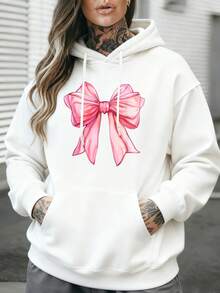 Women Hoodie Long Sleeve Sweatshirt Bow Print Graphic Pullover Casual Streetwear Fashion Hooded Top Women Winter Clothes Women Fall Clothes Women Hoodies Outfit Women Long Sleeve Tops Women Ropa De Invierno Mujer Sweatshirts Women Sweatshirts - 白色 - 查看 1
