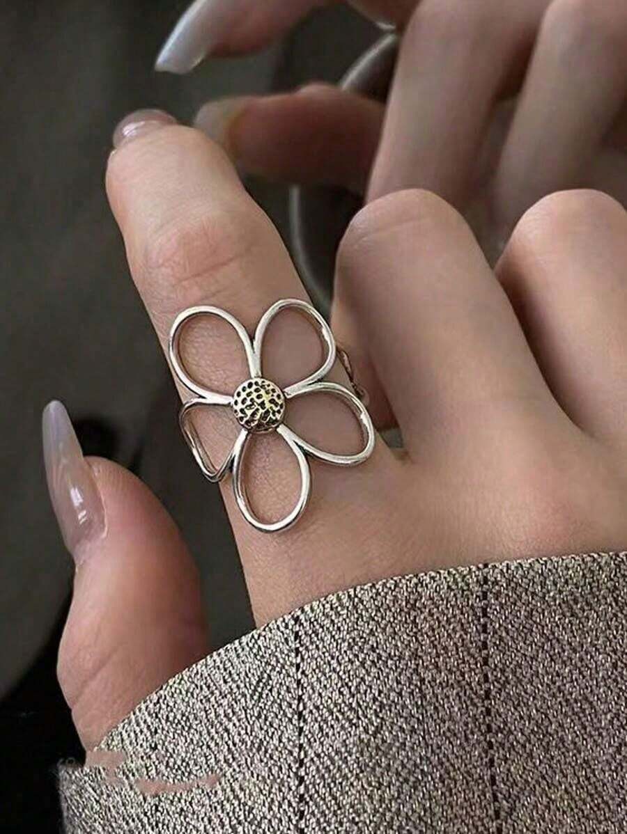 Rings Women Couple Minimalist Handmade Simple Big Flower Ring Party Jewelry - 銀色 - 查看 1