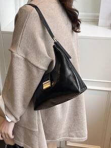 Der brandneue, modische, westlich anmutende Schultertasche ist eine beliebte, hochwertige Einfarbige Beuteltasche und eine einfarbige, schlichte Damen-Reisetasche - Schwarz - Übersicht 3