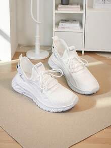 Breathable Mesh Sneakers] Lightweight Breathable Mesh Sneakers - Non-Slip EVA Sole, Comfortable Ankle Support, Lace-Up Low-Top Running & Tennis Shoes For Men And Women, Retro Style, All-Season Wear, Fitness Wear - trắng - Xem 1