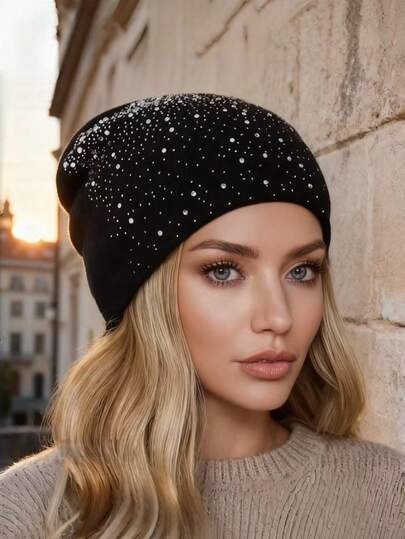 Starry Rhinestone Knitted Hat, Other Casual Elegant Street Style Acrylic Knit Cap, Autumn/Winter Valentines