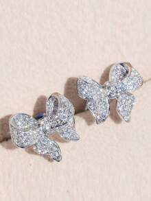 Gift Box Elegant Pave Butterfly Stud Earrings, Full Crystal Rhinestone Bow Design Silver Tone, Sparkling Bridal & Wedding Jewelry, Classic Luxury Gift - Silver - View 3