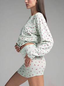 2pcs Women Printed Short Sleeve T-Shirt And Shorts Casual Pajama Set, Winter Clothes - Multicolor - View 2