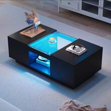 Black Coffee Table 100x50x35.5 Cm – With Glass Top, LED Lighting, App Control, 2 Drawers And 1 Open Compartment - Black - View 3