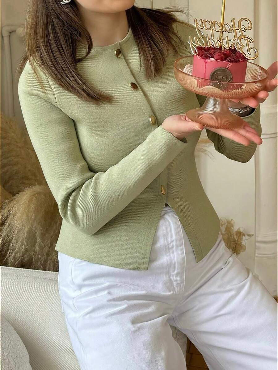 女士橄榄绿长袖开衫,纽扣装饰 - 商务休闲办公及日常穿着 - 綠色 - 查看 1