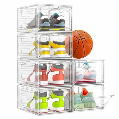 6 Pack Shoe Storage Box, Clear Plastic Stackable Shoe Organizer For Closet, Space Saving Foldable Shoe Rack Sneaker Container Bin Holder