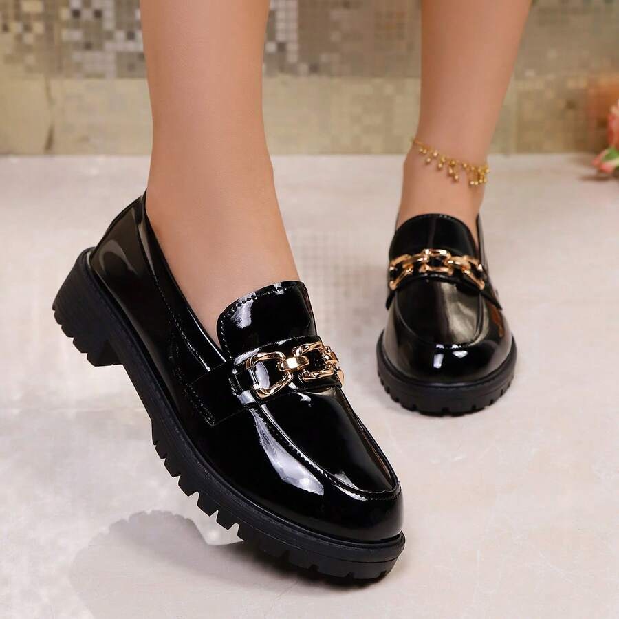 2024 Nuovi Arrivi Primavera/Autunno, Stile Britannico, Mocassini da Donna con Tacco Chunky in Pelle Verniciata - nero - Visualizzare 1