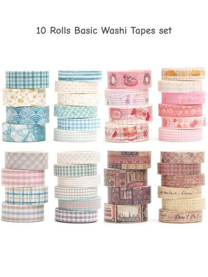 10 Rolls Retro Washi Tapes Set, Basic Lattice Pink Cute Grid Paper Adhesive Masking Tape Artwork Decorative Stickers For Arts, DIY Crafts, Journals, Planners, Scrapbook, Wrapping