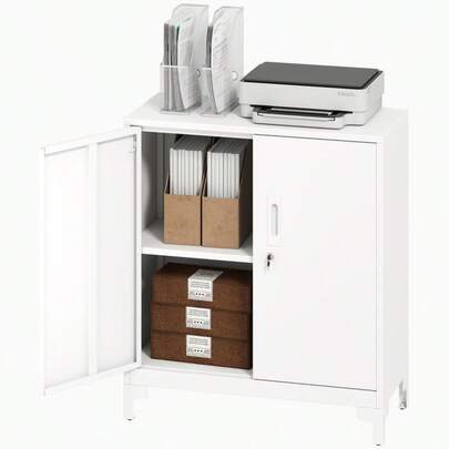 HOMCOM Metal Office Cabinet, Lockable Doors, Office Drawer, 2-Tier Design, White