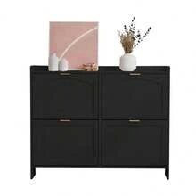 Modern Shoe Cabinet With 4 Hinged Doors, Freestanding Shoe Rack, Open Shelves, Suitable For The Entrance Area Or Hallway, White, Dimensions: W110/H90/D24