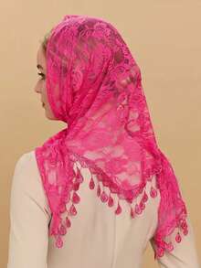 Lenço feminino de renda floral rosa vazada com franjas, em cor sólida, ideal para véu de noiva ou xale de casamento. - Multicolorido - Ver 31