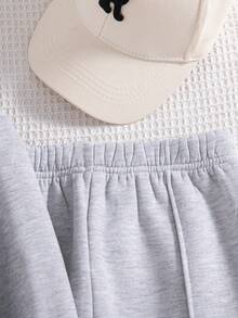 两件套少女休闲蝴蝶印花落肩圆领长袖卫衣长裤套装，保暖连帽衫和长裤，秋冬季