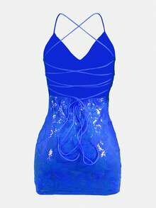 女式热蓝色亮片迷你连衣裙无袖细肩带深 V 领露背铅笔下摆派对鸡尾酒会礼服，女式吊带 V 领臀部亮片短裙，优雅、别致、奢华，优雅派对礼服，圣诞礼服，秋季、冬季女式礼服，舞会礼服，闪亮礼服