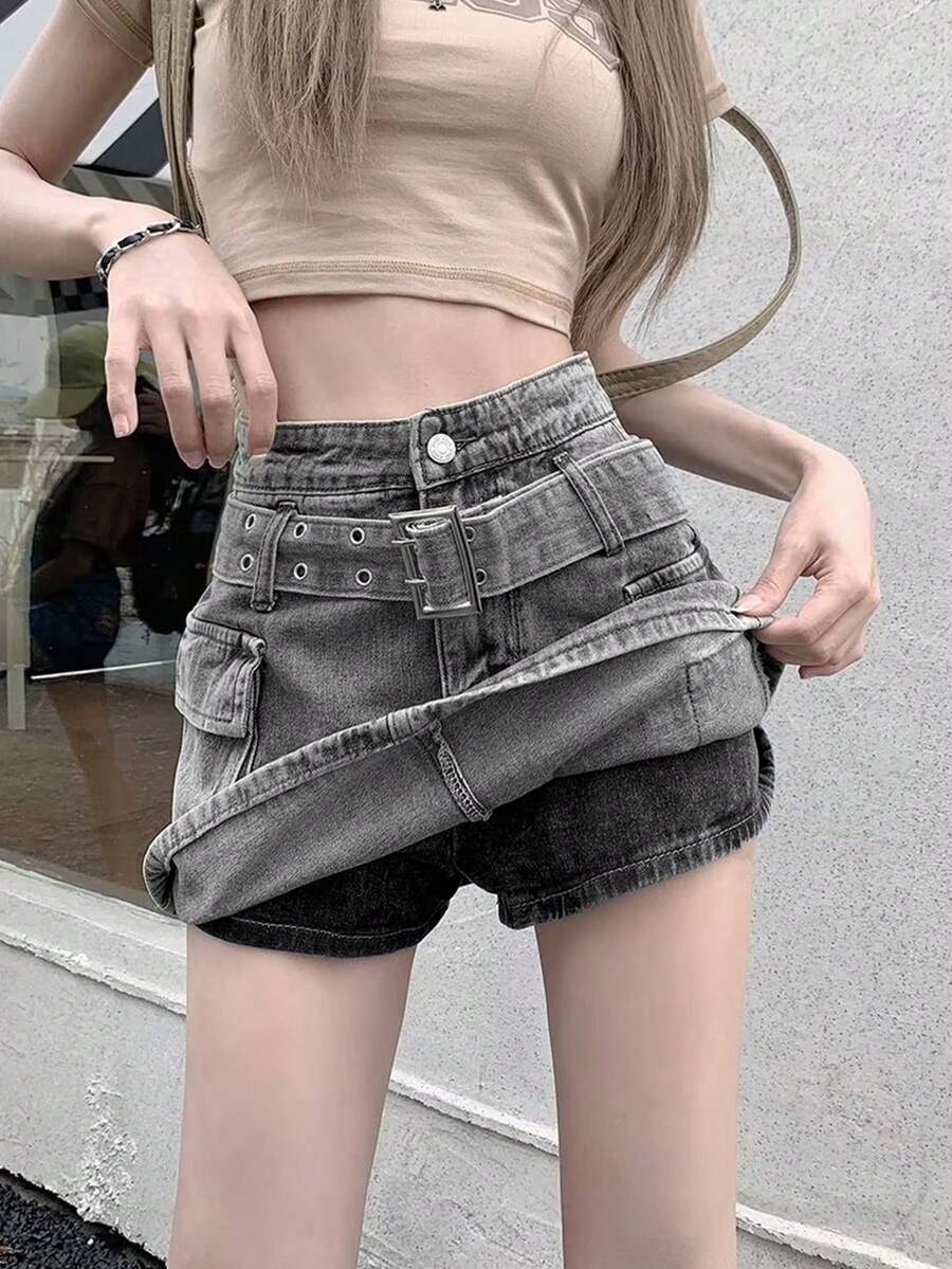 Solid Color Washed High Waist Cargo Bodycon Mini Skirt With Belt, Street Style Women Denim A-Line Skirt