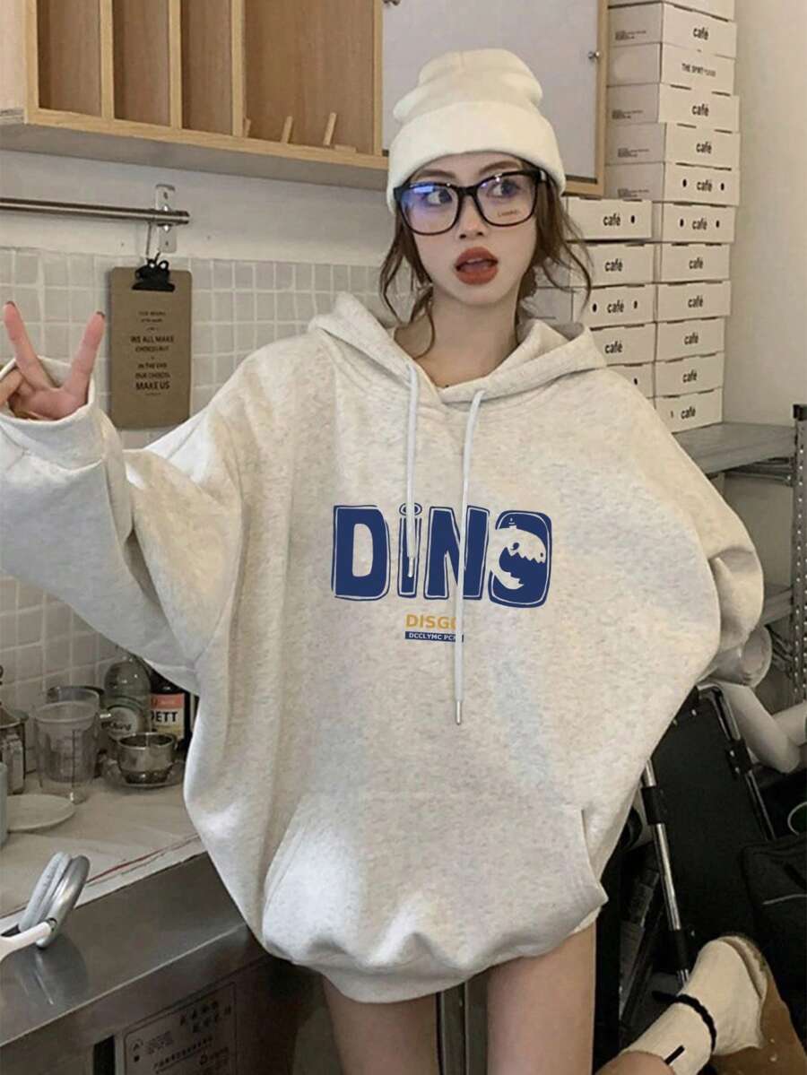 Women's Casual Loose Fit Round Neck Fleece Sweatshirt With Cartoon Letter Print, Versatile For Autumn/Winter - Light Gray - View 1