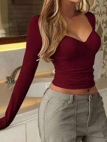 Vaiaye 女士性感修身深V领长袖上衣，纯色针织T恤，适合情人节及春季休闲穿着 - 酒紅色 - 查看 9
