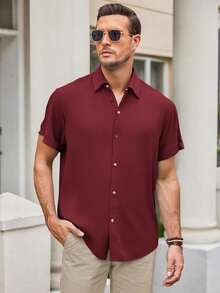 Men's Basic Plain Short-Sleeved Dress Shirt For Summer - Màu Đỏ Sâu - Xem 1