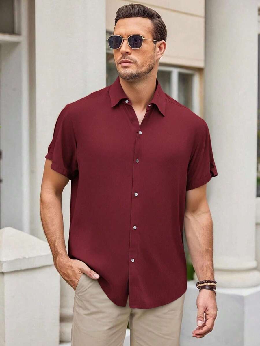 Men's Basic Plain Short-Sleeved Dress Shirt For Summer - Màu Đỏ Sâu - Xem 1