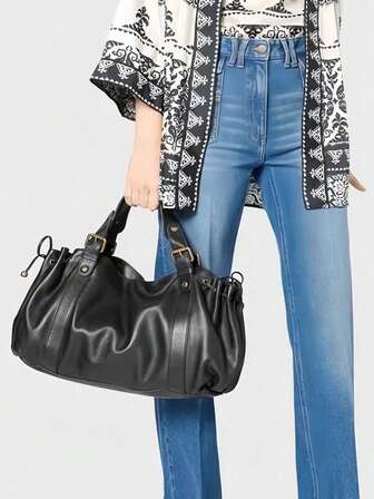 复古褶皱抽绳设计女士手提包 奢华设计师大容量托特包 柔软PU皮革通勤包 高品质都市包