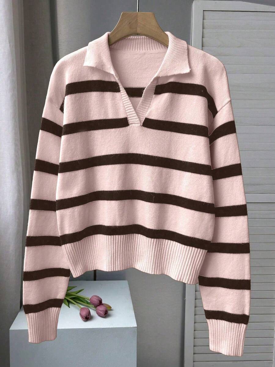FOR BEAUTY Spring/Autumn New POLO Collar Retro Stripe Color Blocked Long Sleeved Knitted Sweater Women's Loose Half Front Old Money Style Sweater Tops New Year - Cà phê hồng hoa đào - Xem 1