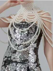 1pc Handmade Woven White Faux Pearl Necklace, Unisex Body Chain, Women's Beaded Necklace, Fashion Jewelry For Wedding, Party, Carnival, Runway Show, Gift - White - View 5