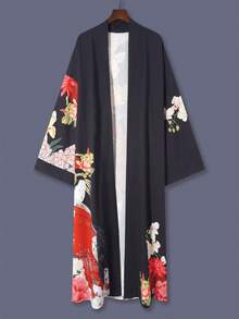 Kimono de manga 3/4 de longitud media con estampado floral, chaqueta fina y elegante de uso casual para mujer, adecuado para la calle, la playa, los viajes, las vacaciones, bata ligera, incluye faja Primavera Negro - Negro - Ver 8