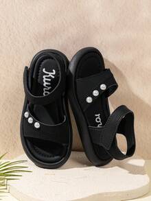 1双女童夏季新款珍珠设计时尚公主凉鞋，儿童软底鞋，幼儿沙滩鞋，时尚女童款 - 黑色 - 查看 1