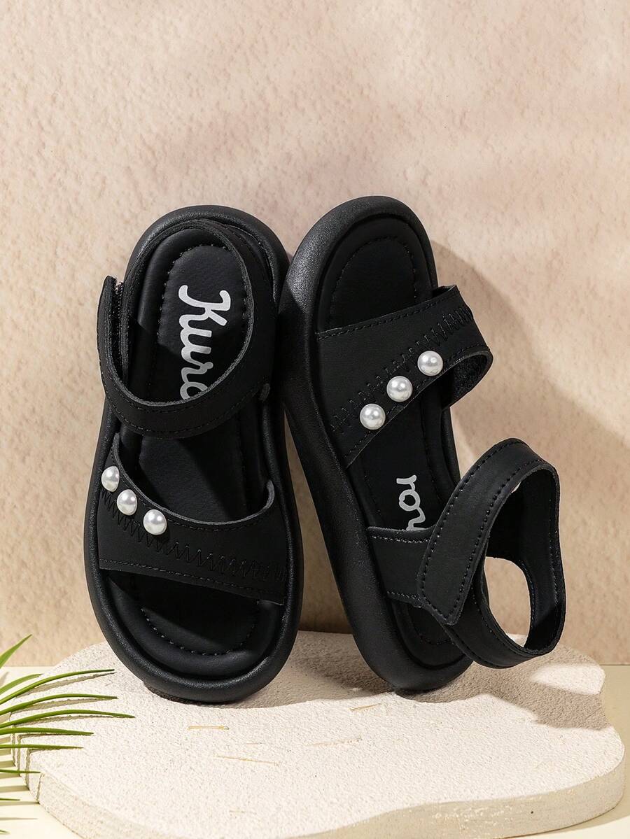 1双女童夏季新款珍珠设计时尚公主凉鞋，儿童软底鞋，幼儿沙滩鞋，时尚女童款 - 黑色 - 查看 1