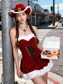 红色毛绒圣诞老人性感连衣裙配红色牛仔帽，圣诞装扮 - 彩色 - 查看 1