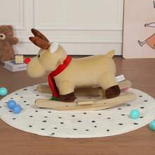 Kids Ride-On Rocking Horse Toy With Lullaby Song,Moose Rocking Toy With Hand Puppets And Safety Belt For Children 1-3 Years,Soft Plush Fabric,Apricot,CPC Certified - mơ + nhung + cotton - Xem 8
