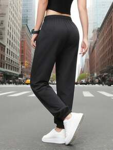 Women's Outdoor Casual Drawstring Waist Pants With Printed Zipper Pockets, Suitable For Leisure, Office, Party And Other Occasions, Spring/Autumn - Black - View 6