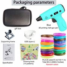 一套3D打印热熔笔枪，兼容直径1.75mm的PLA/ABS耗材，具有三级循环控制、液晶显示屏，包含60米PLA耗材套装，采用5V2A/TYPE-C接口连接，无需电池，适用于成人3D艺术打印建模，男女皆宜的DIY涂鸦绘画笔，是万圣节、圣诞节、感恩节和生日的绝佳礼物。