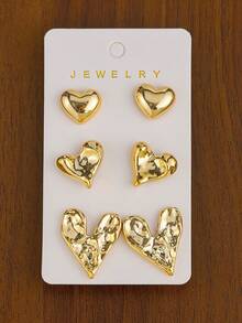 3对-12对/套 时尚经典设计，心形、蝴蝶结、花朵造型镀金耳环，超级可爱 | 简约 | 圣诞节和情人节礼物 - #2金色 - 查看 3