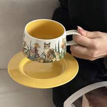 かわいい猫のセラミックコーヒーカップ、朝食オートミールミルクカップ、家庭用ドリンクカップ、ラテカップのセット - キャットストーリー コーヒーカップ&ソーサー - イエロー - チェックする 8
