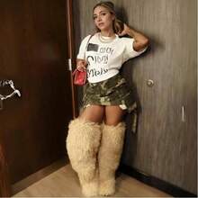 Women's Thigh High Fur Boots Faux Fur Fluffy Flat Warm Over The Knee Boots Tall Furry Snow Shoes For Women - 杏色 - 查看 4