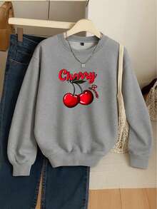 Sudadera de mujer con estampado de cerezas negras, hombros caídos, manga larga y cuello redondo. Overzice para mayor comodidad. - Gris - Ver 1