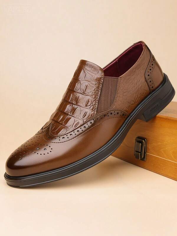 1 Pair Men's Round Toe Crocodile Embossed PU Leather Casual Loafers With Rubber Sole, Comfortable For Office And Daily Wear